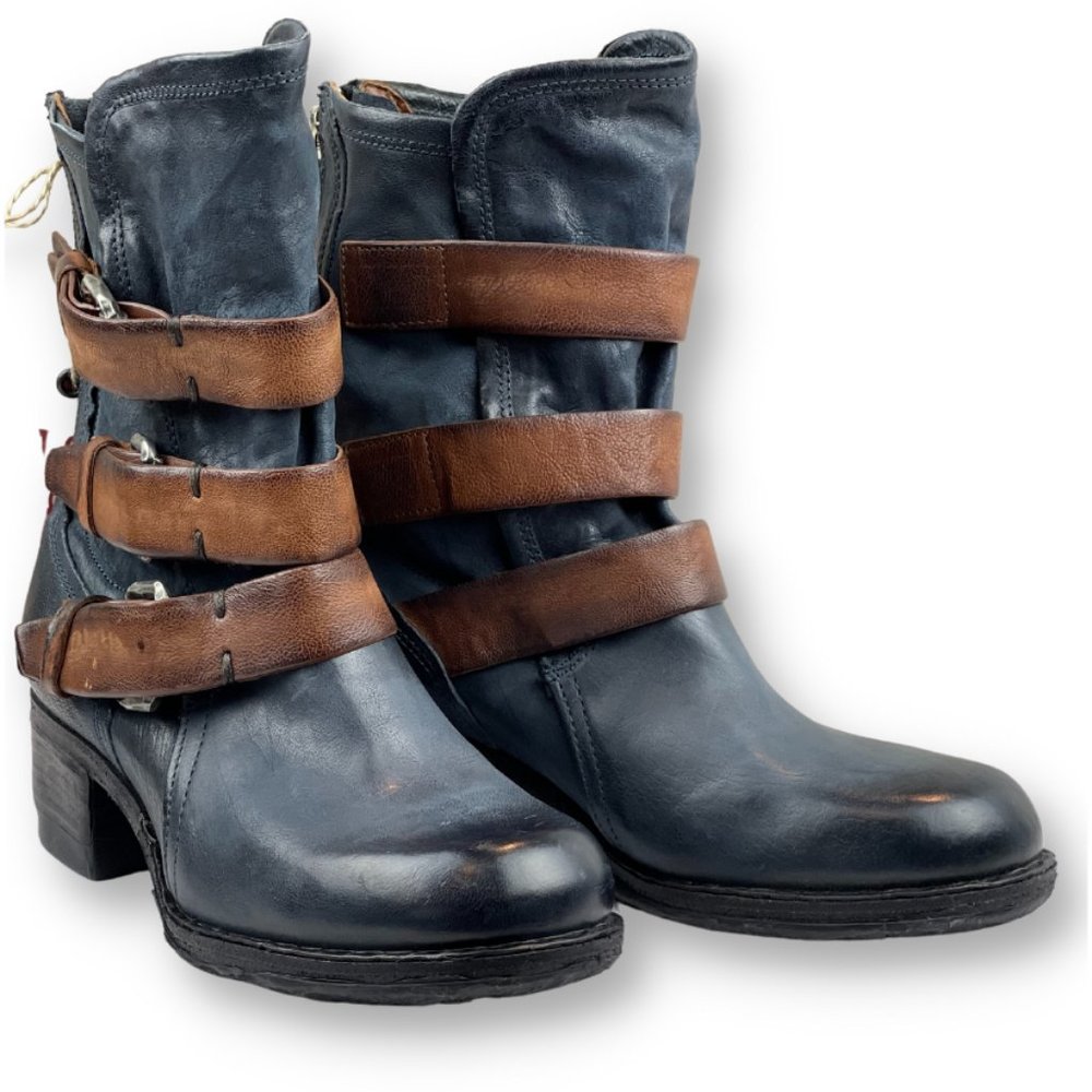 A.S.98 Blue Leather Mid-Calf Boot with Brown Buckled Straps EU 37, New WT
